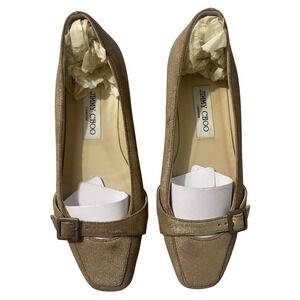 VTG Jimmy Choo Gold Shimmer Buckle Square Toe Ballet Flats Italian Designer Shoe